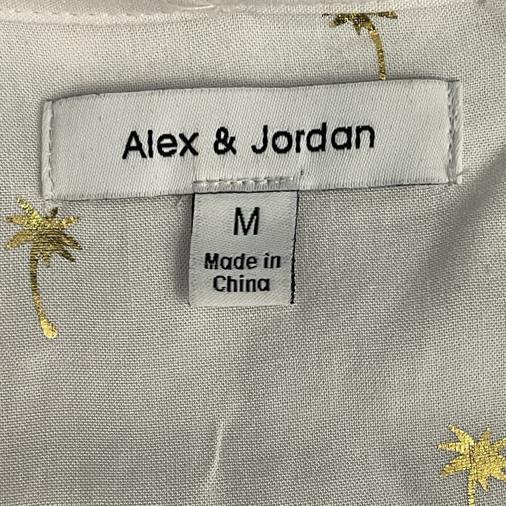 Alex & Jordan White Gold Palm Tree Collared Button-Up Cap Sleeve Blouse M - Picture 3 of 10